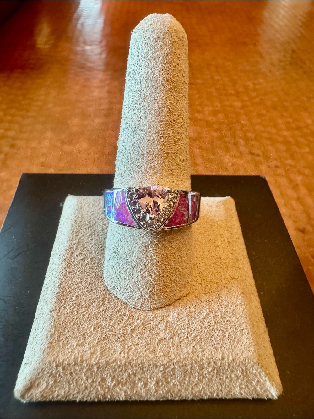 Sterling Silver Pink Heart Crystal Ring with Pink Inlay